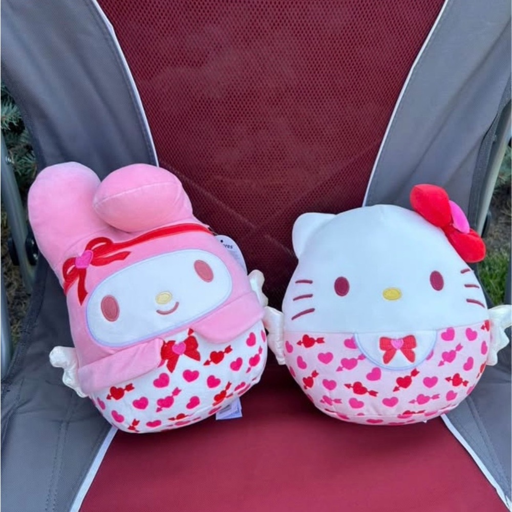 Hello Kitty and My Melody Heart Plush Duo - Pink and White